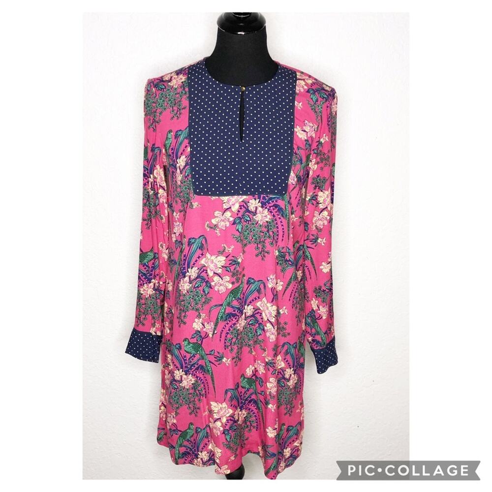 Anthropologie Maeve pink navy floral bird print dress size 2
